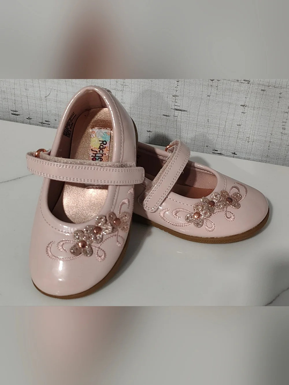 Rachel Ballet Pink Patent Mary Jane Dress Shoes w Floral Beading Toddler Sz 7